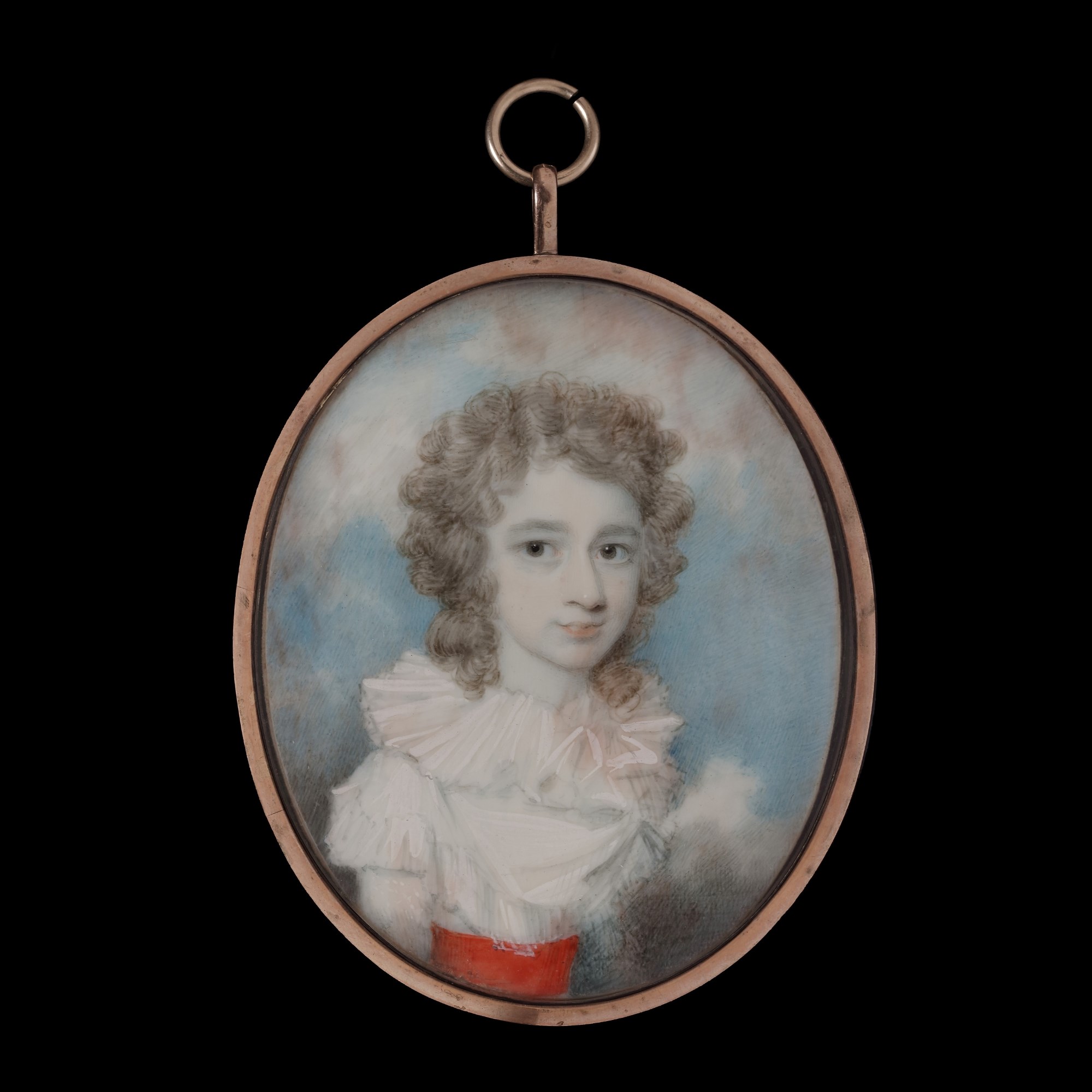 Portrait miniature of a Young Girl, wearing a white dress with a red sash and white ruffled collar